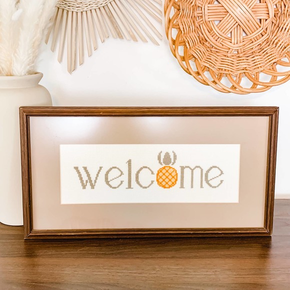 Vintage Needlepoint Embroidered Welcome Framed Art